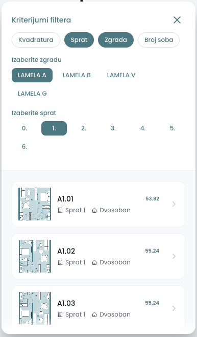 List Criteria modal with building and floor filters and matching apartment cards