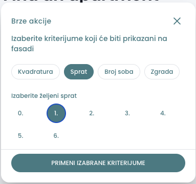 Quick Actions modal showing criterion pills and floor selector